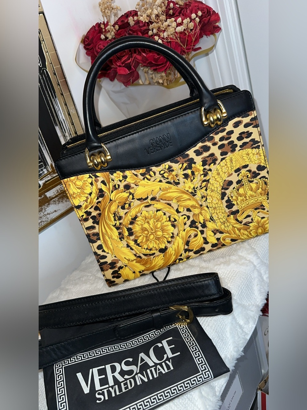 Gianni Versace Black and Yellow Baroque Leopard Satchel